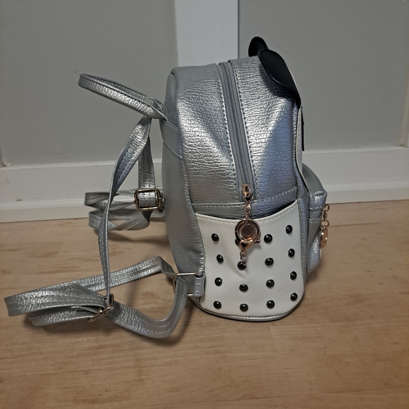 Bag Wizard Panda Mini Backpack – Silver Faux Leather with Studded Side Pockets - Picture 2 of 5